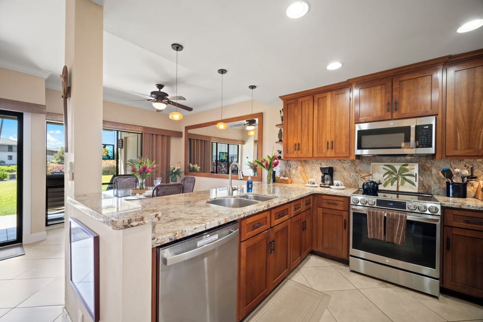 View over kitchen bar towards dining area