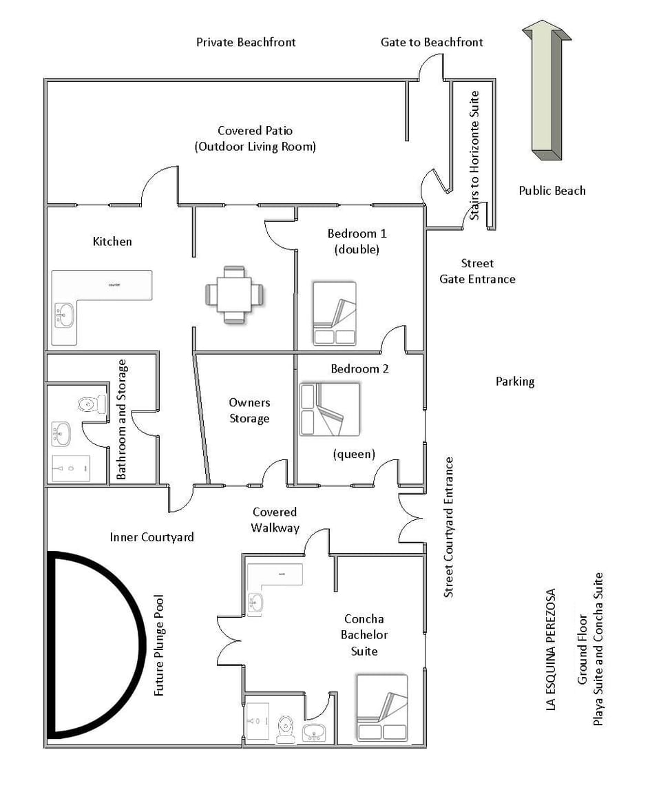Layout of the bottom floor of our beach house. Not to exact scale. 