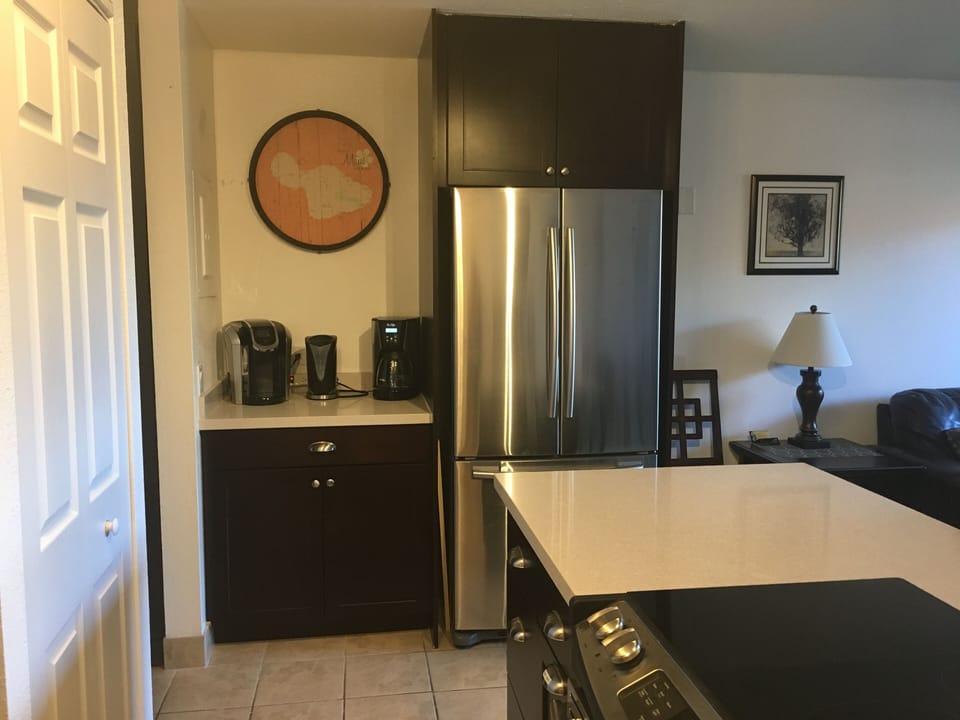 Coffee Area with Keurig, French Press, Coffee Maker, Coffee Grinder &Tea Kettle