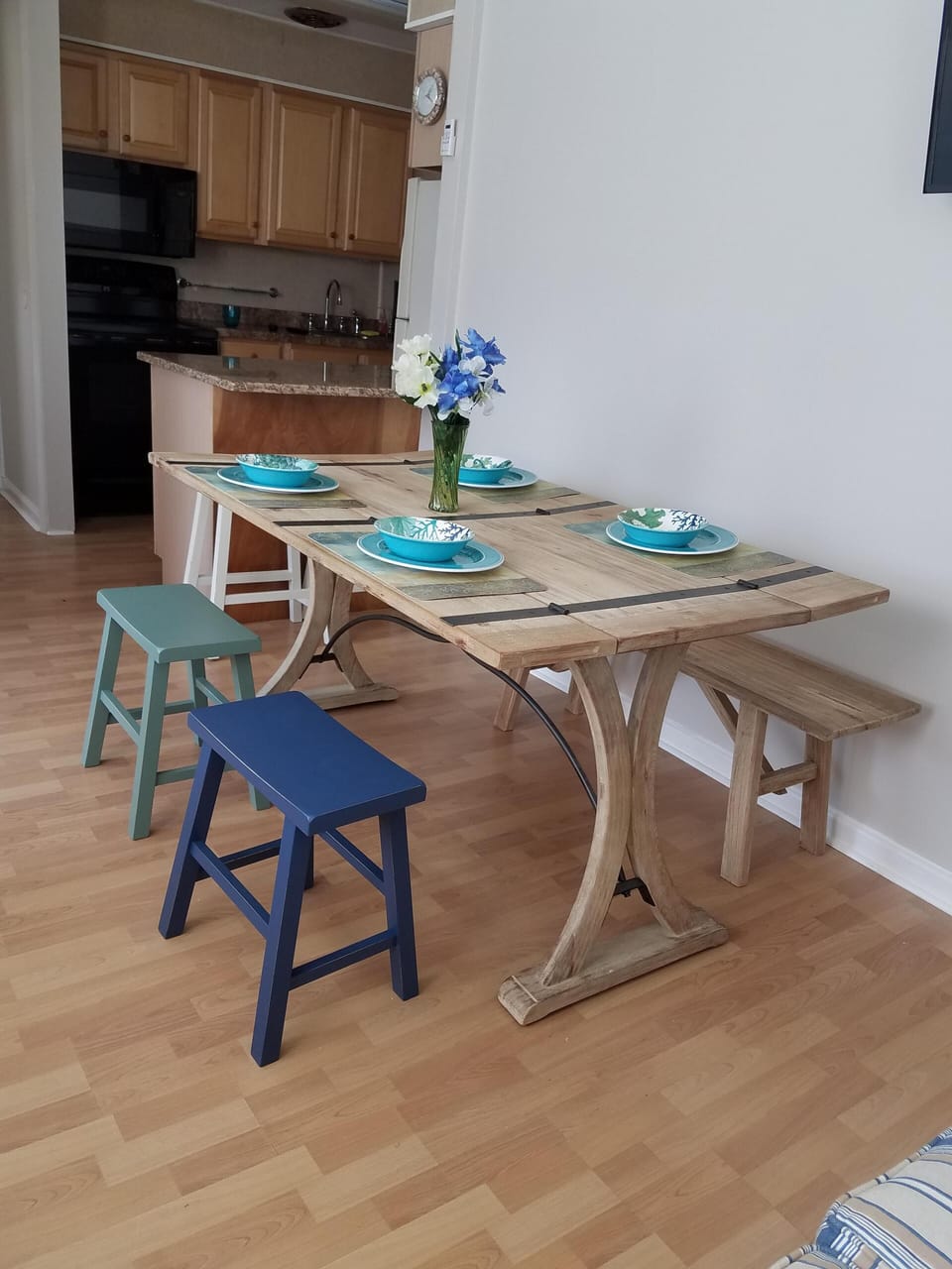 Dining table conveniently opens for meals