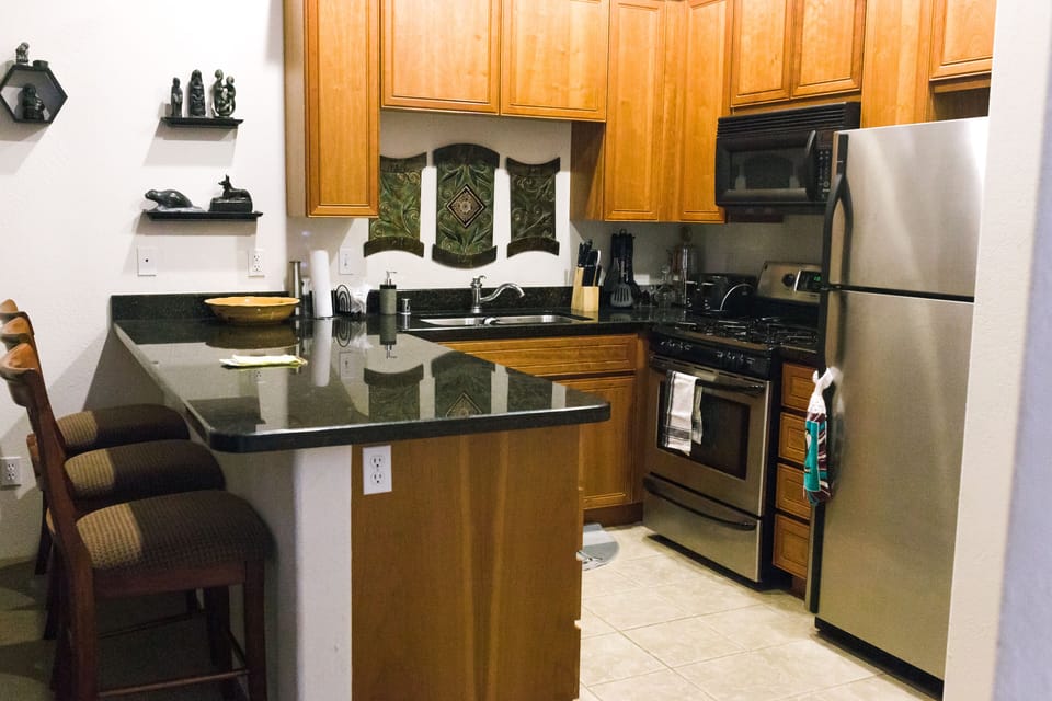 Pots,Pans,silverware, glasses,crock pot,all the necessities 