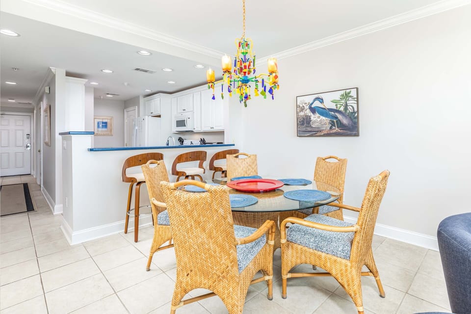 Dining table seats 5, breakfast bar seats 3