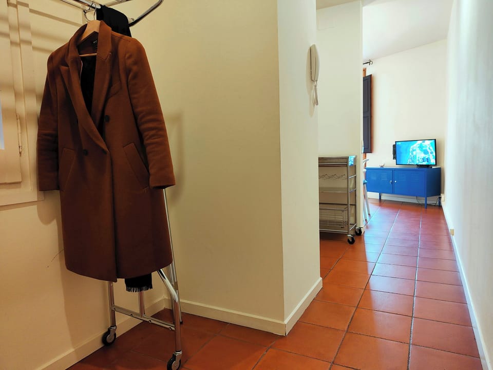The hallway offers a glimpse of the apartment's character, showcasing a blend of modern amenities and classic touches.