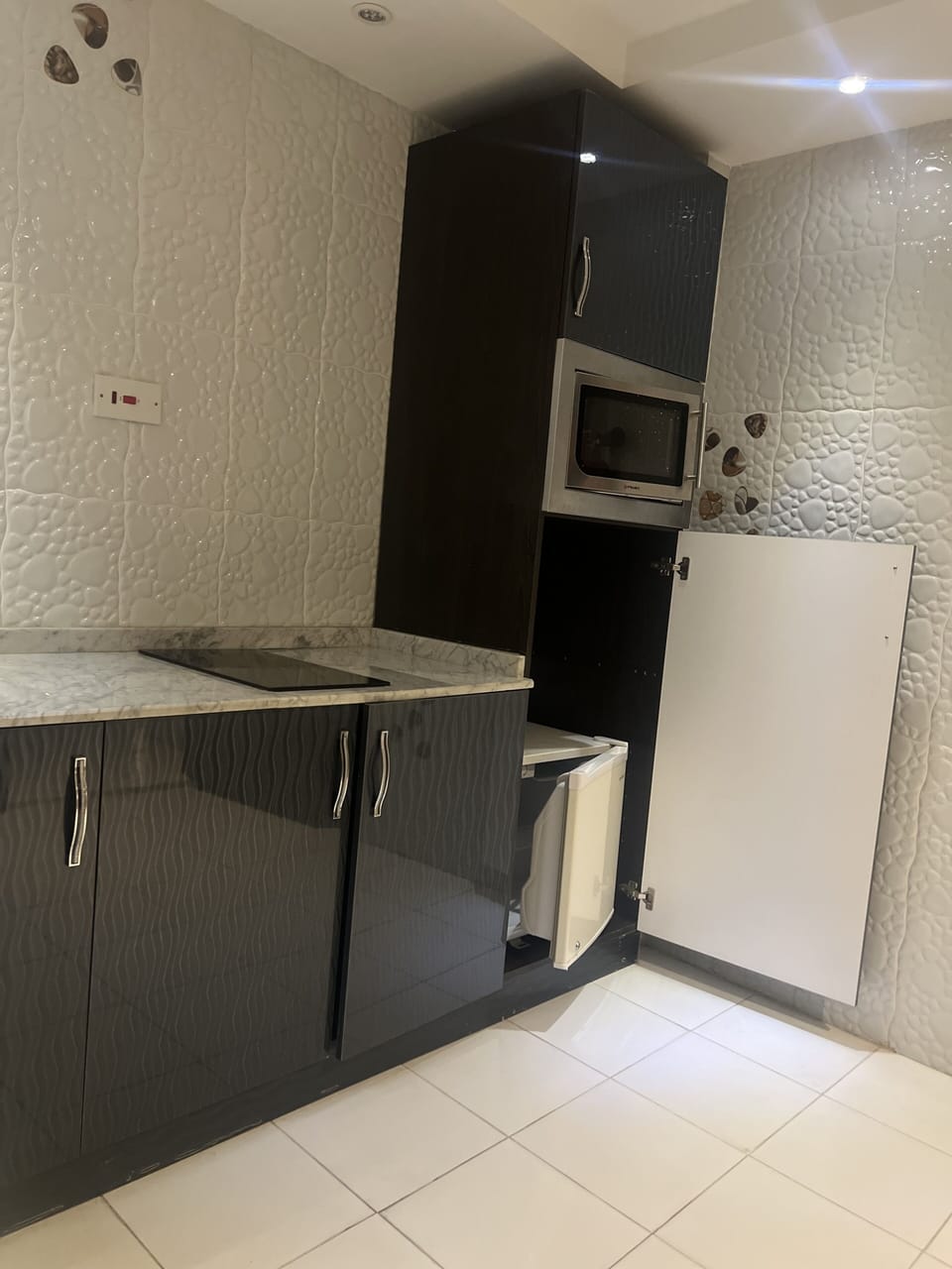 Fridge, microwave, electric kettle, cookware/dishes/utensils