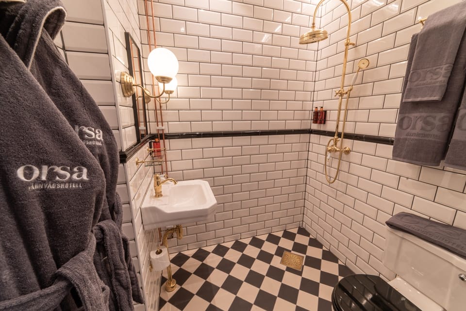 Shower, rainfall showerhead, hair dryer, bathrobes