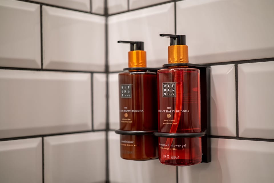 Shower, rainfall showerhead, hair dryer, bathrobes