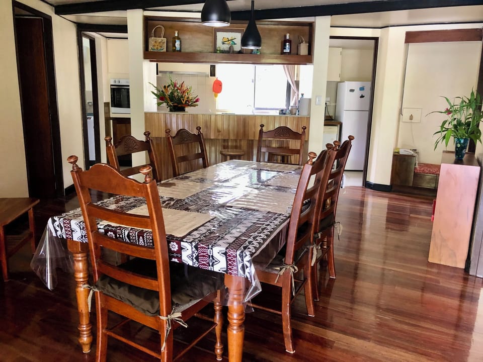Large dining table and chairs.
