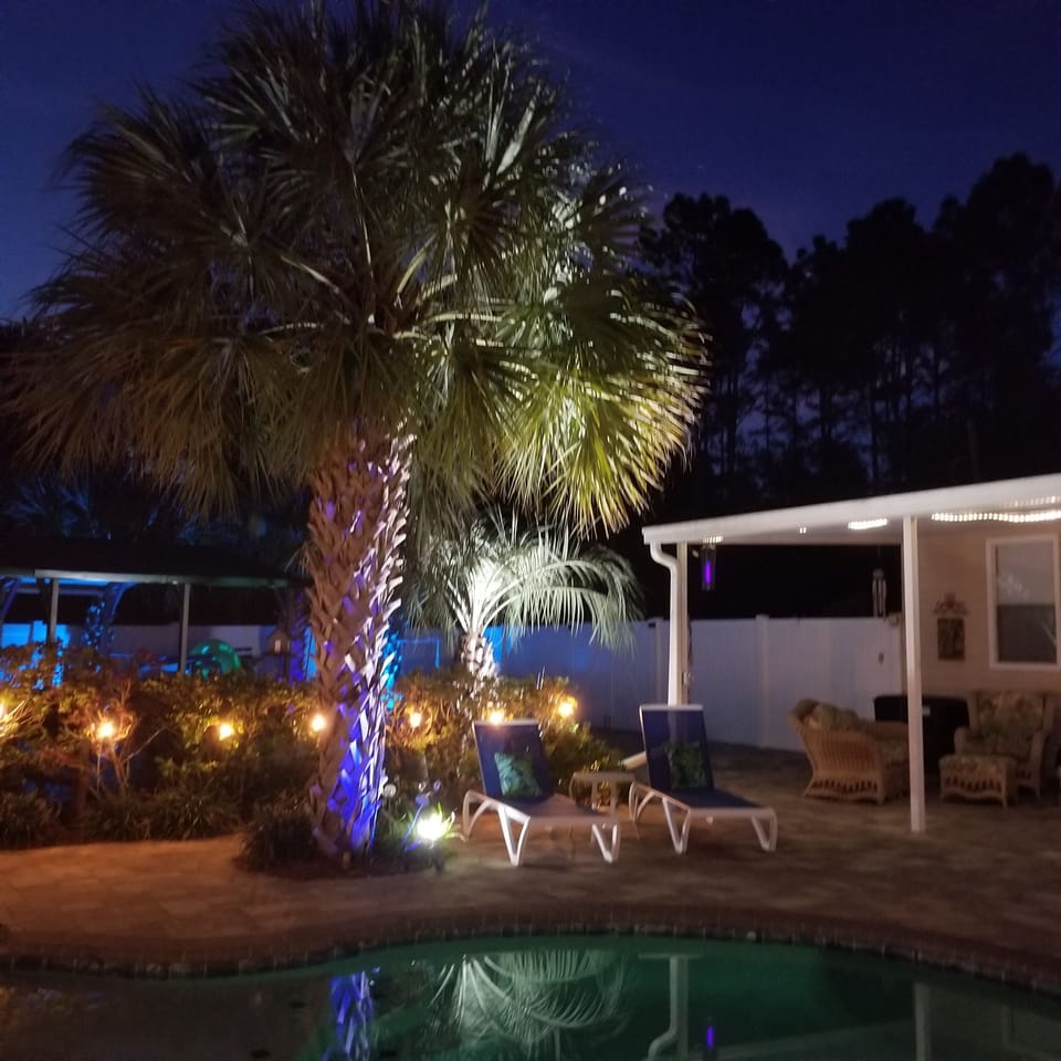 pool deck w/ palm lit up