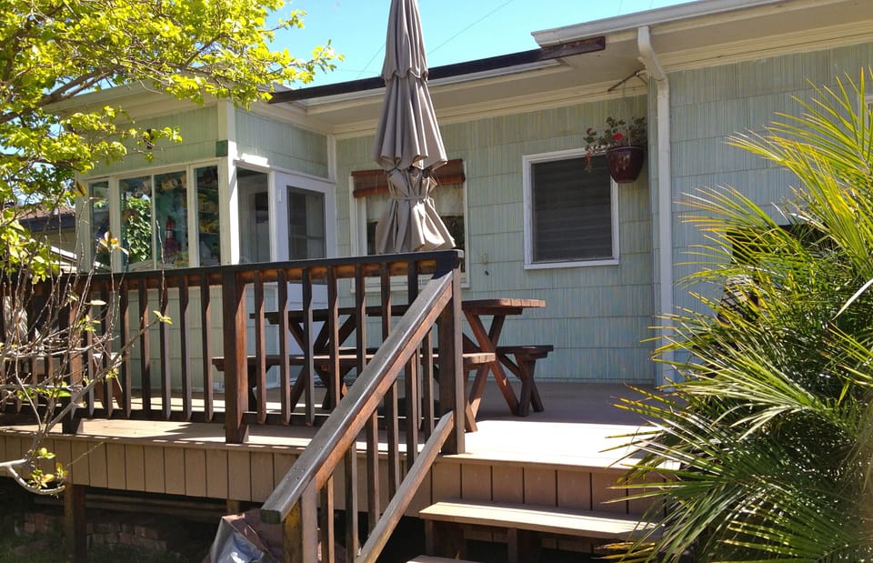 Huge back deck.  French doors open to  kitchen.  