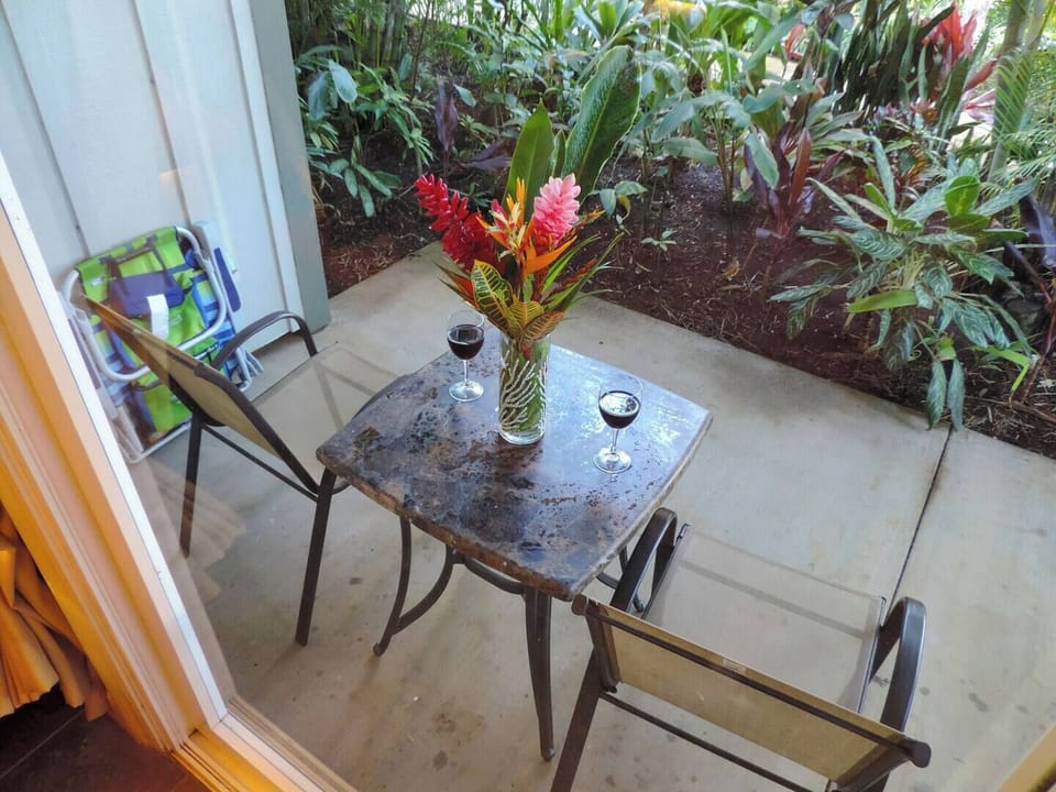 Lanai is surrounded by tropical gardens