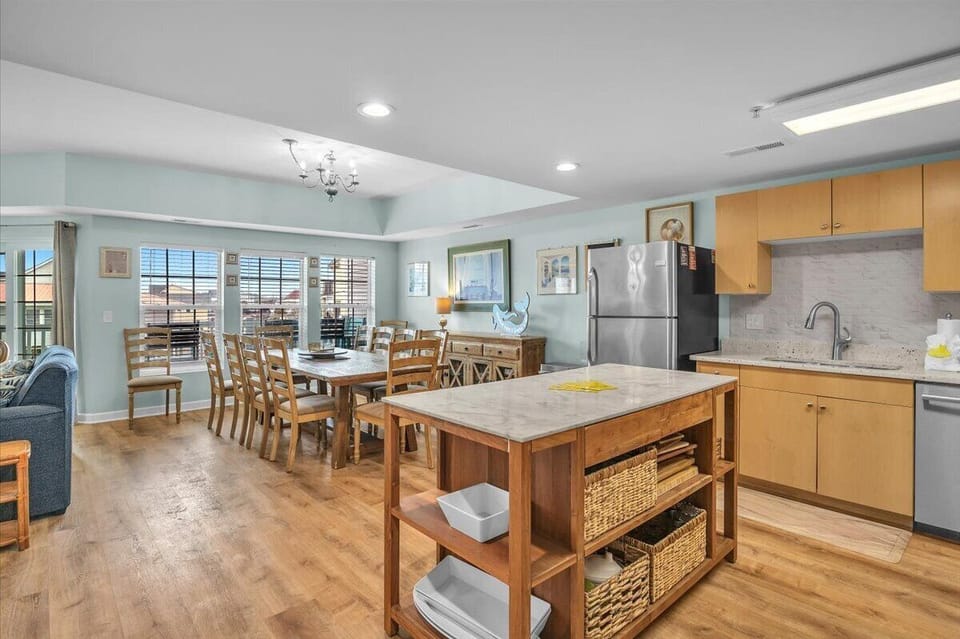 Kitchen view into dining area