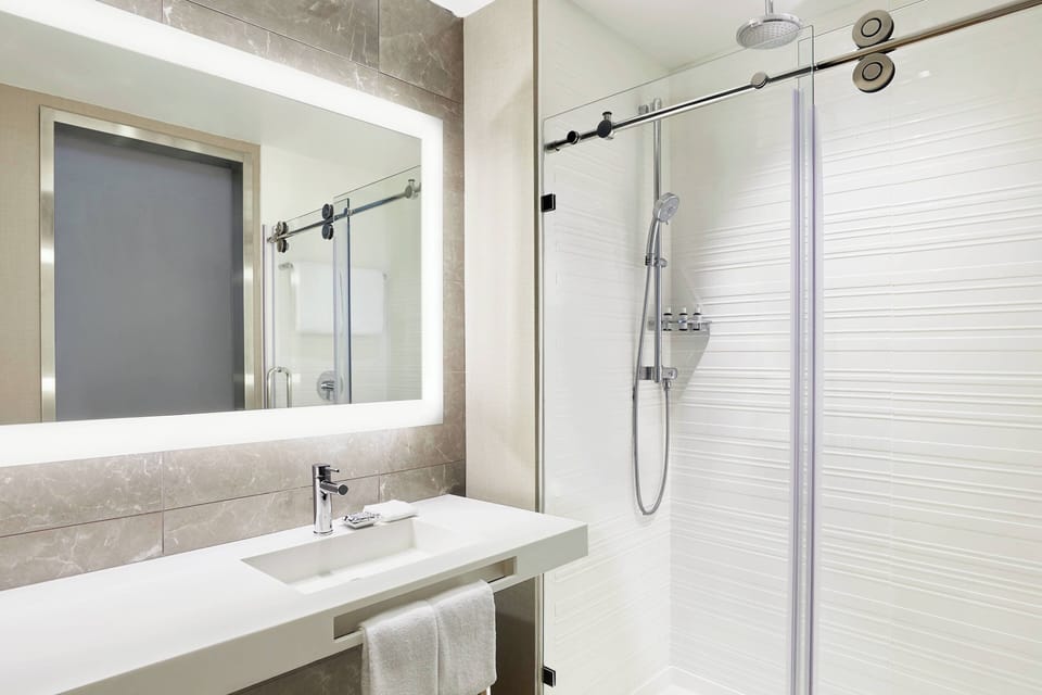 Combined shower/tub, free toiletries, hair dryer, towels