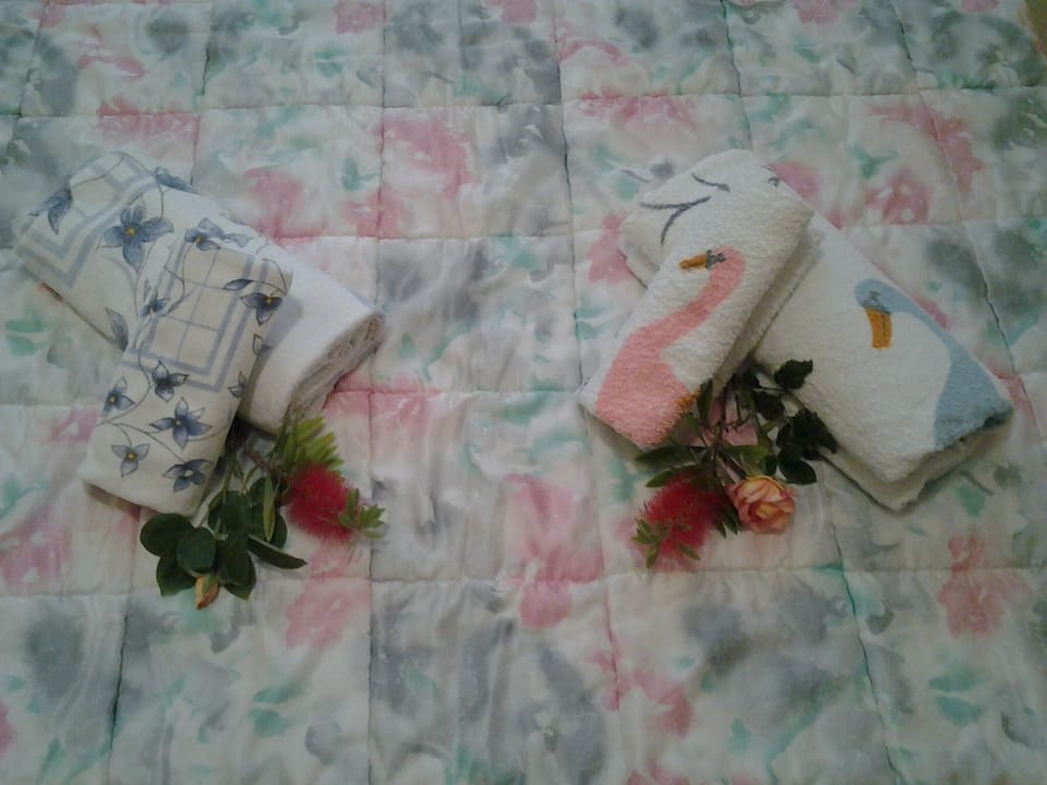 beautiful colored towels decorate the beds