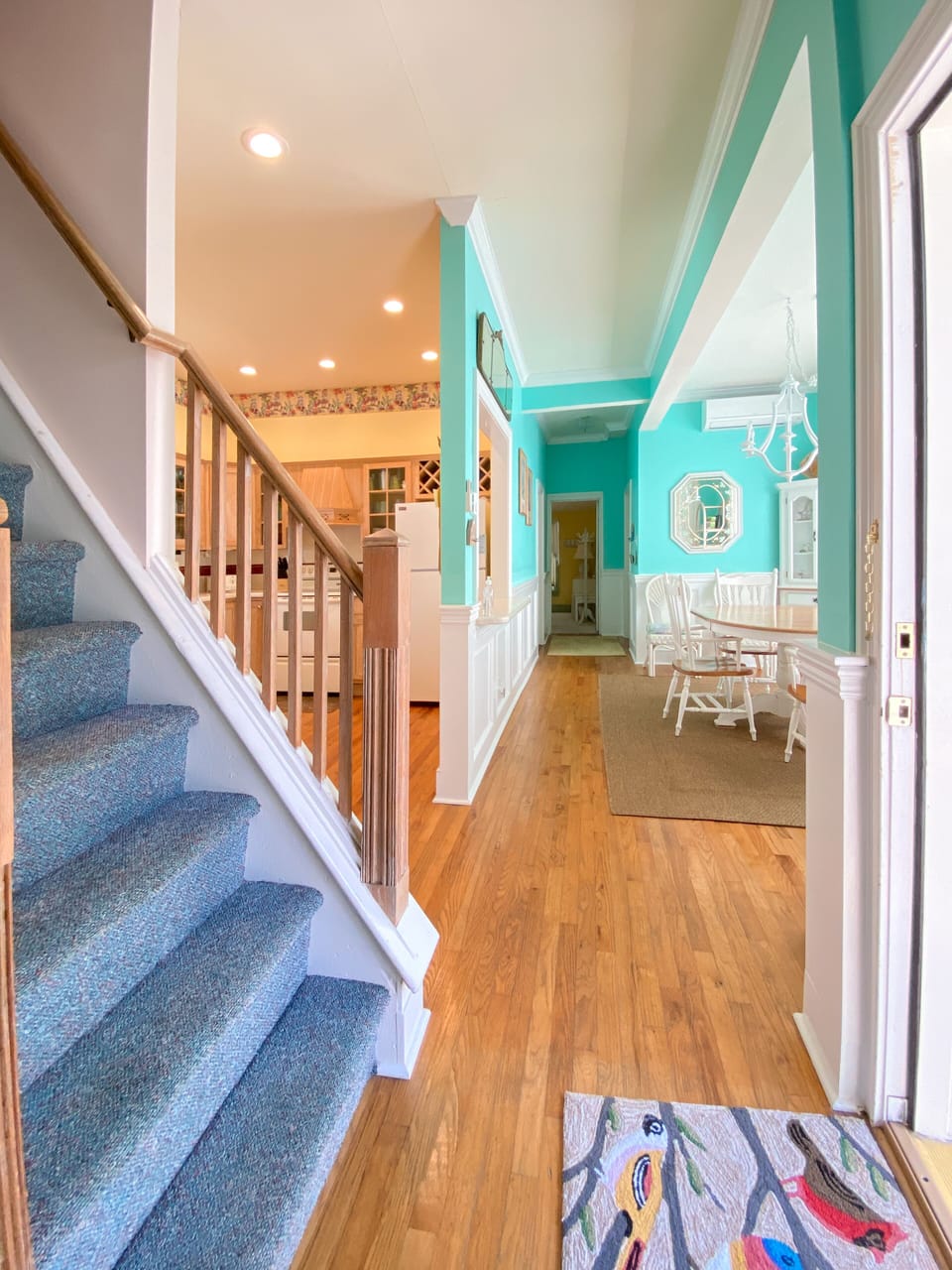 Kitchen and hallway to rear bedroom. Original stairs to 2nd floor are steep.