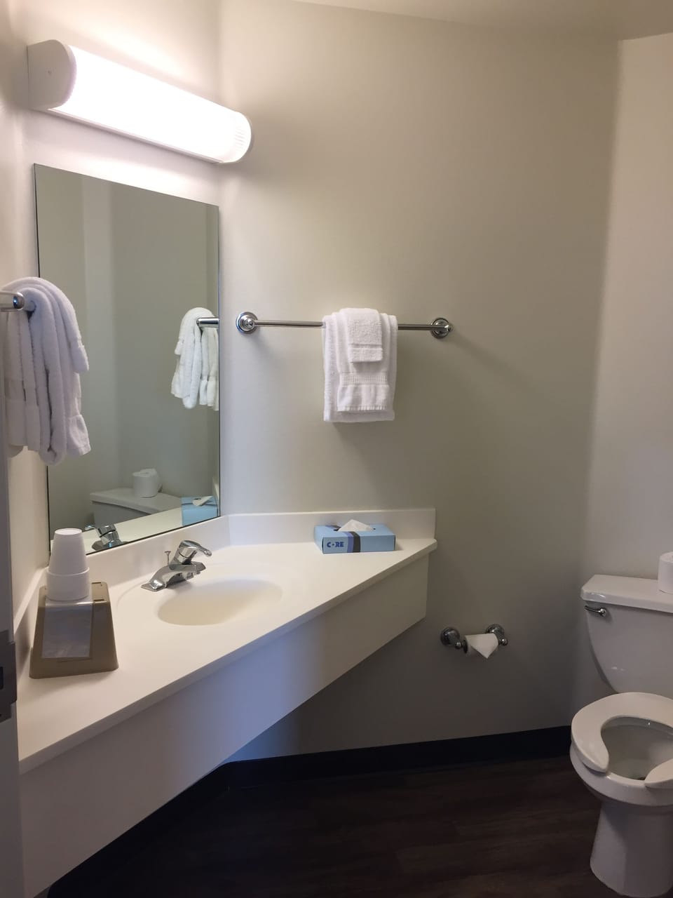 Combined shower/tub, free toiletries, towels, soap