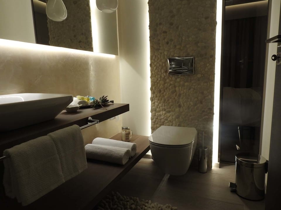 Shower, rainfall showerhead, designer toiletries, hair dryer