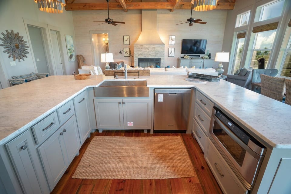 Stainless steel appliances and marble counter tops