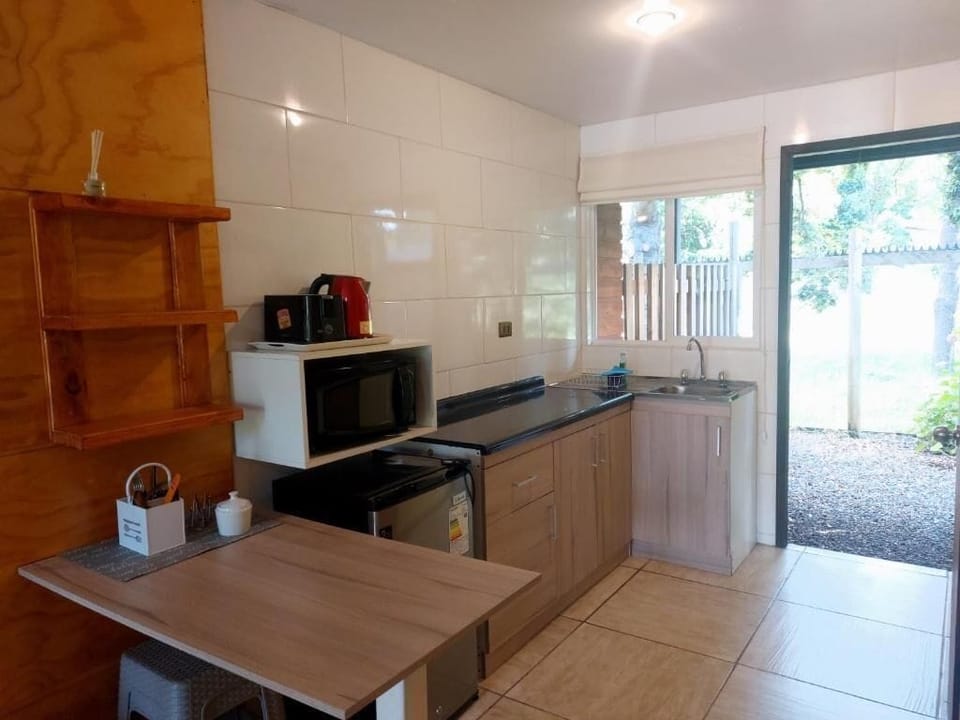 Mini-fridge, microwave, electric kettle, toaster
