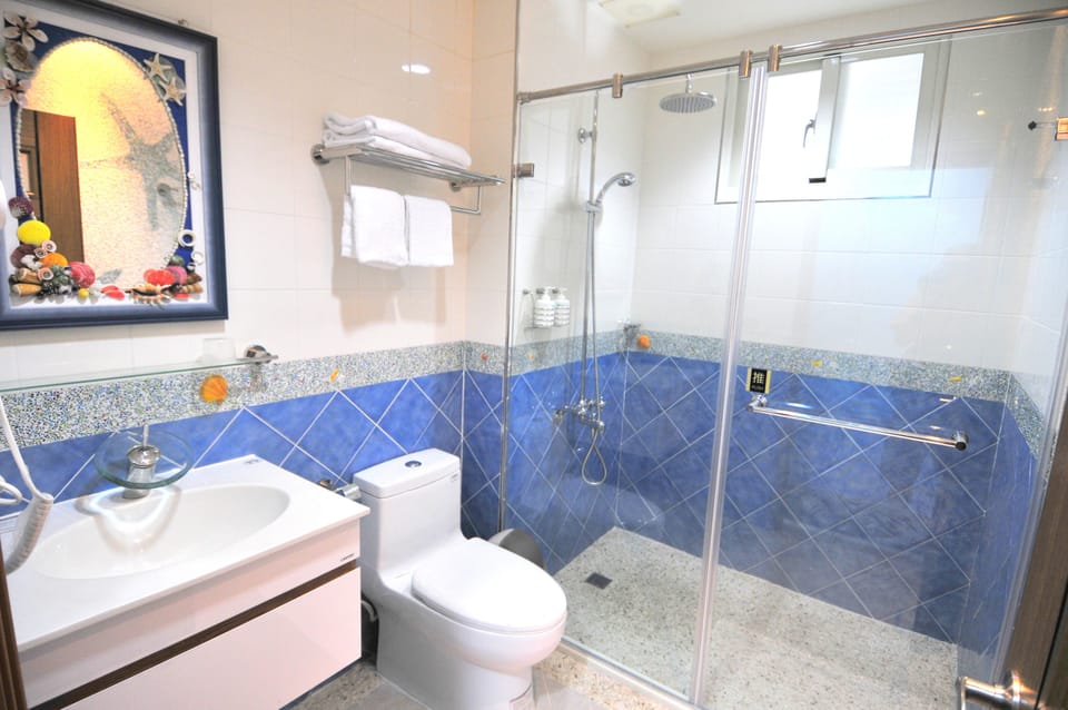 Shower, rainfall showerhead, hair dryer, slippers
