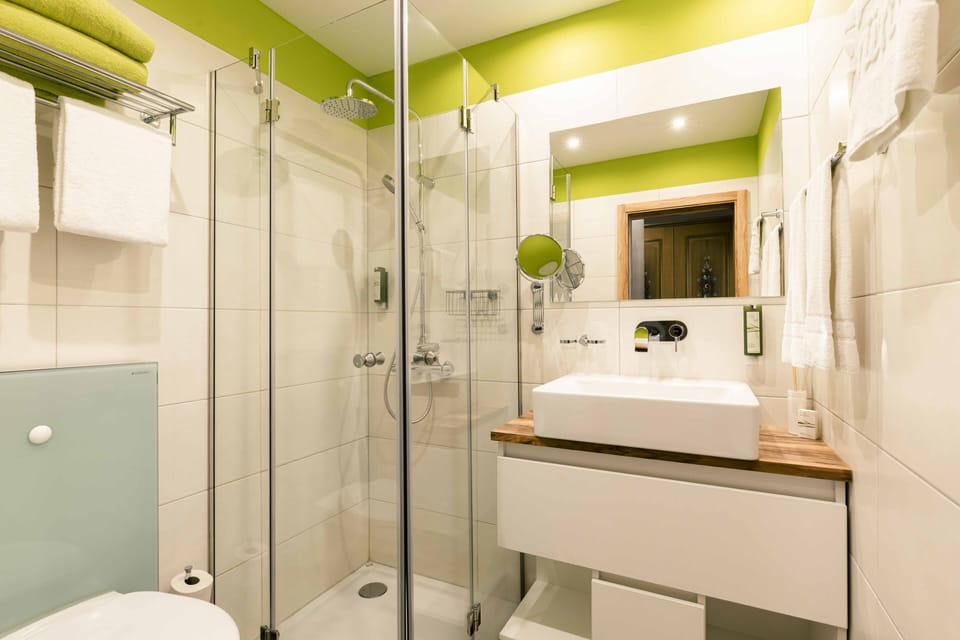Hair dryer, heated floors, towels, soap