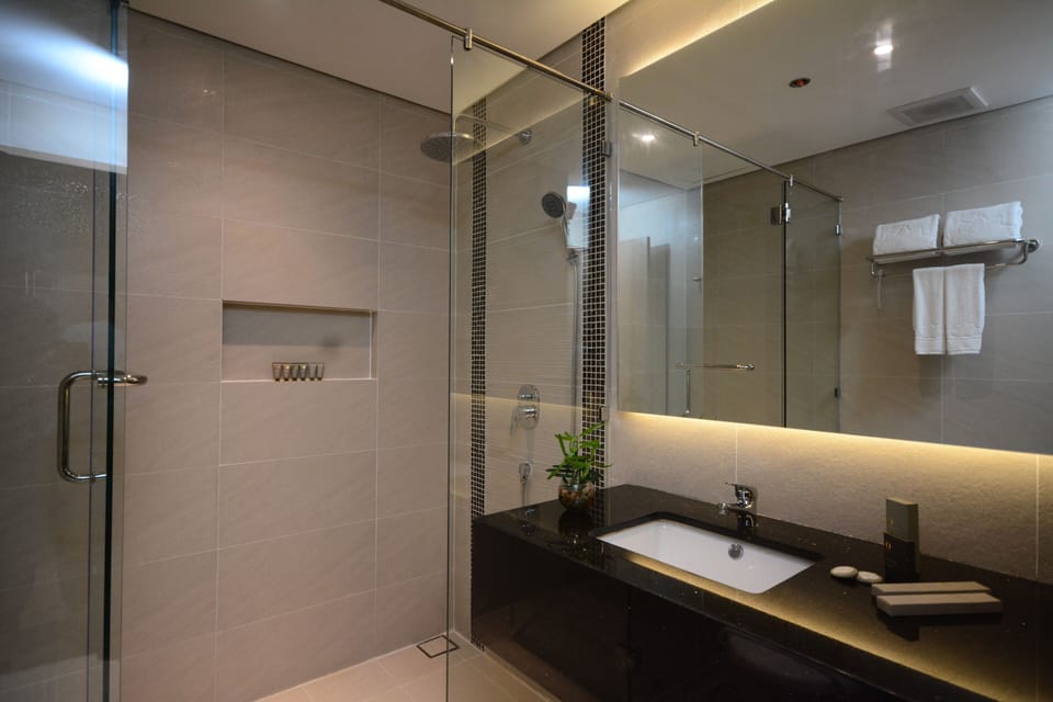 Junior Suite | Bathroom | Shower, rainfall showerhead, free toiletries, hair dryer