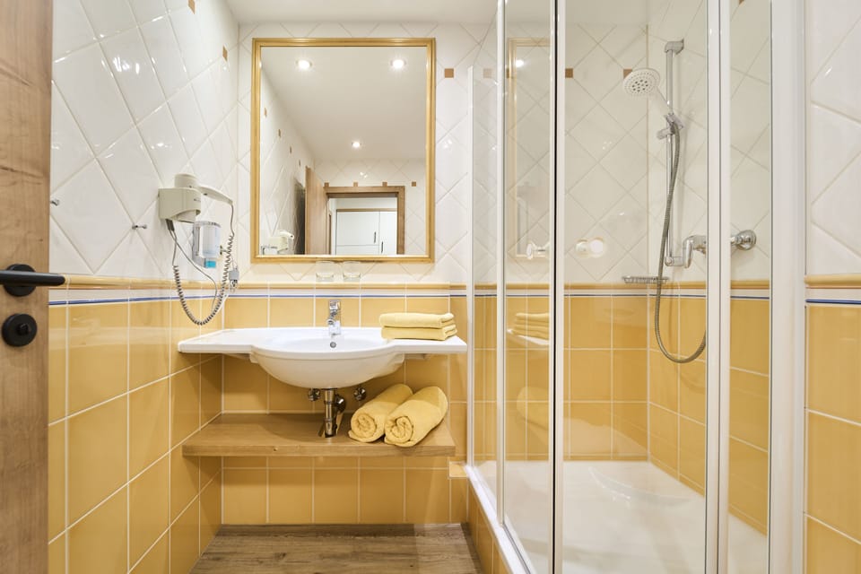 Shower, hair dryer, bathrobes, towels