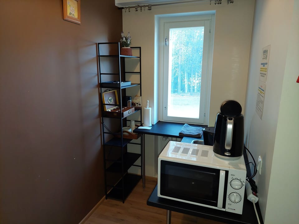 Full-size fridge, microwave, electric kettle