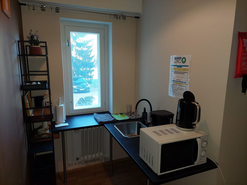 Full-size fridge, microwave, electric kettle