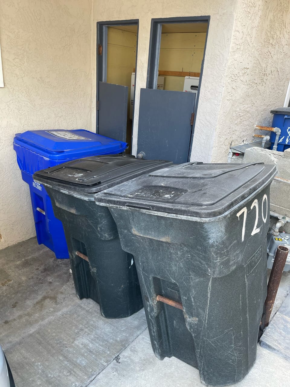 Garbage can area behind outdoor parking spot are shared with the upstairs unit.