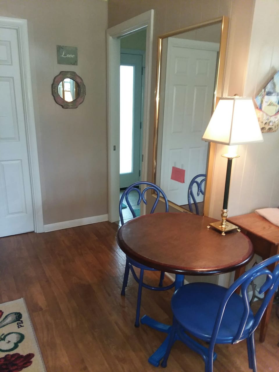 Large Bistro Table with good lighting seats 2 or 3 for dining or office work. 