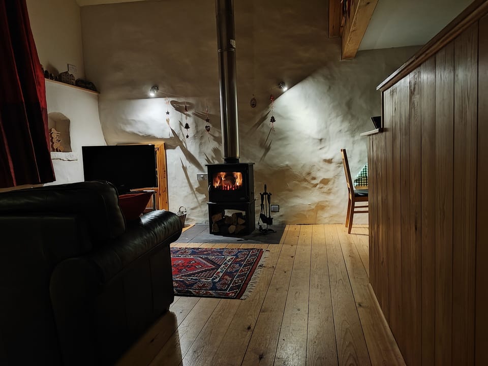Living room with TV and log burner. All wood is included.