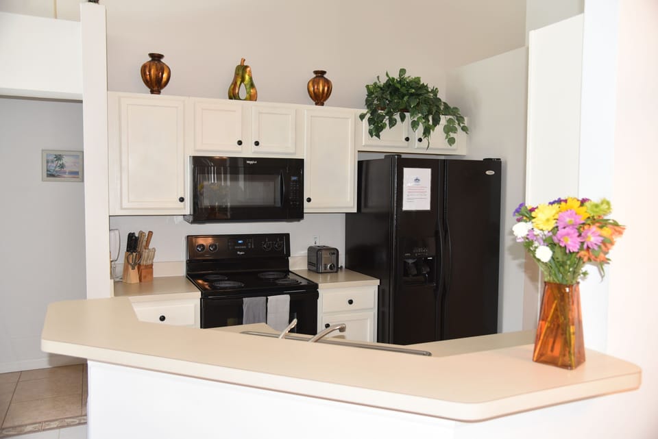 Kitchen has a large fridge/freezer. Pots/pans/glasses/utensils etc are provided.