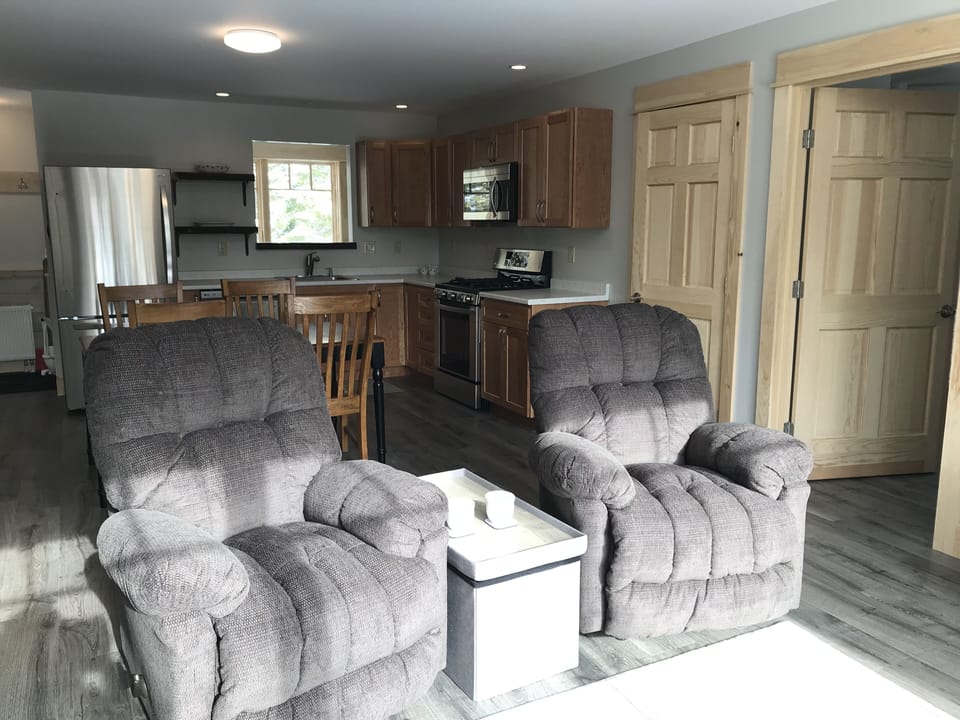 Living room, dining room and kitchen are open in one big room