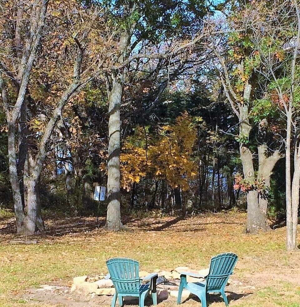 Backyard fire pit and woods. Peekaboo view of the lake from the cabin.