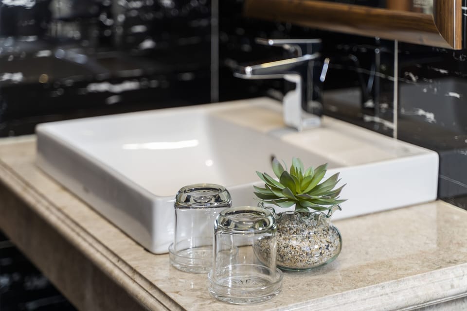 Designer toiletries, hair dryer, slippers, bidet