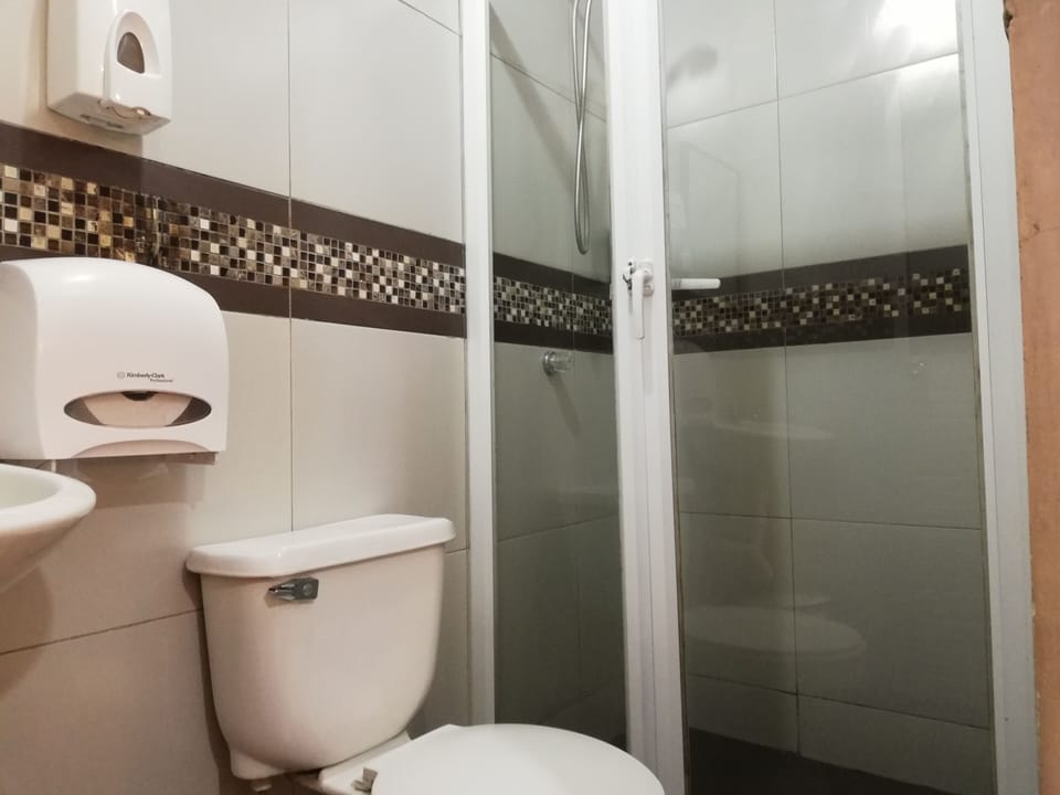 Shower, rainfall showerhead, free toiletries, hair dryer (on request)