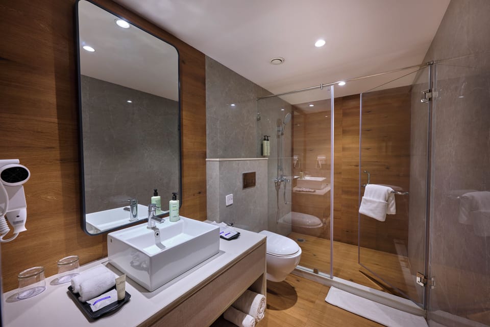 Shower, rainfall showerhead, free toiletries, hair dryer