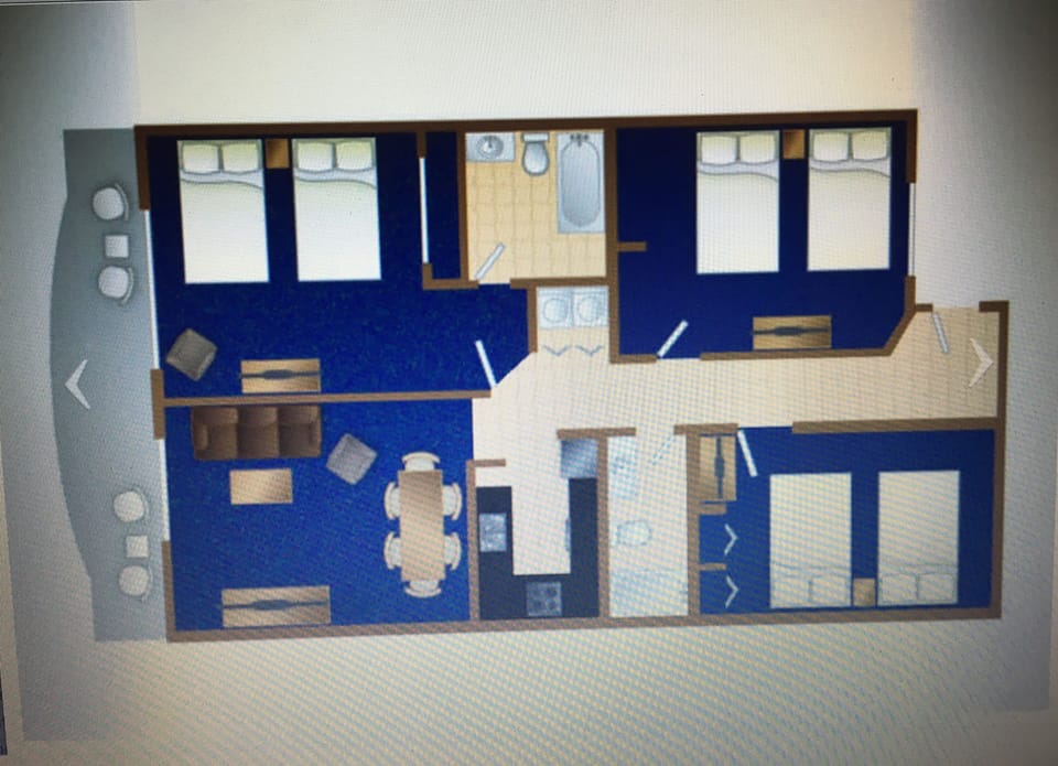 Floor plan showing 3 bedrooms each with 2 queen beds and sleeper sofa