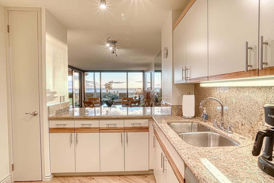 Kitchen looking out to the ocean.