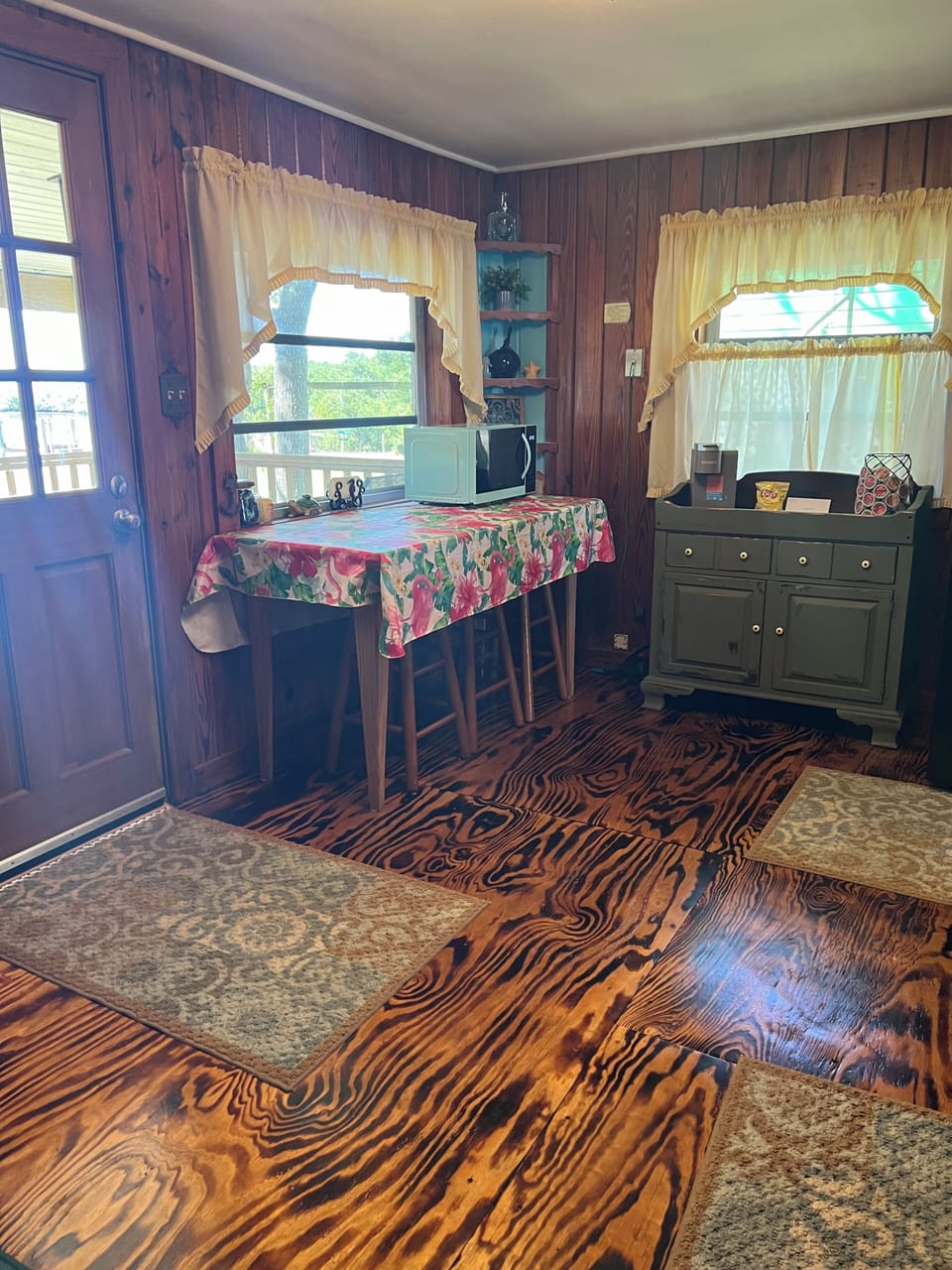 Prep table overlooking back bayou and dock. 