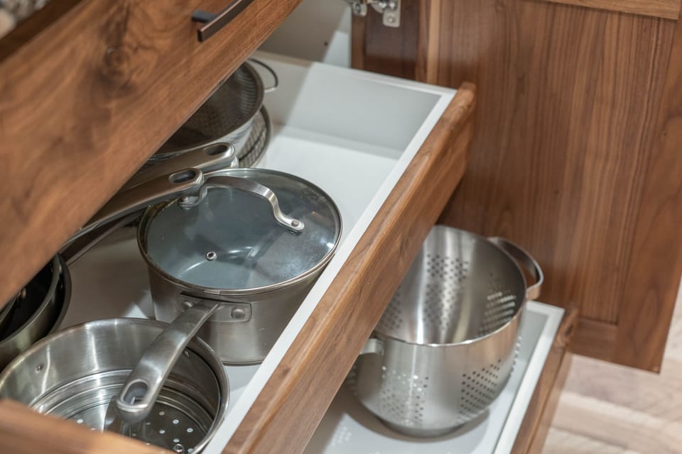 Pots and pans are conveniently accessed.