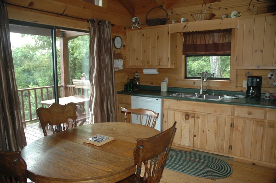 Mountain and lake view from kitchen on main level.