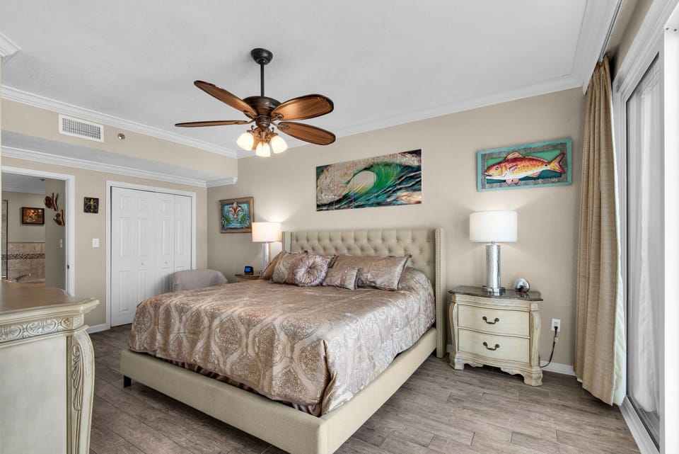 Master bedroom with king bed and 4 inch memory foam topper