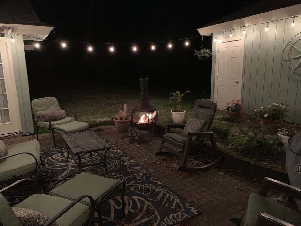 Back patio with chiminea