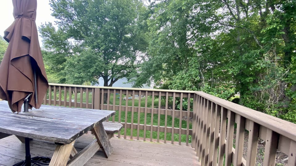Outside deck with picnic table and gas grill