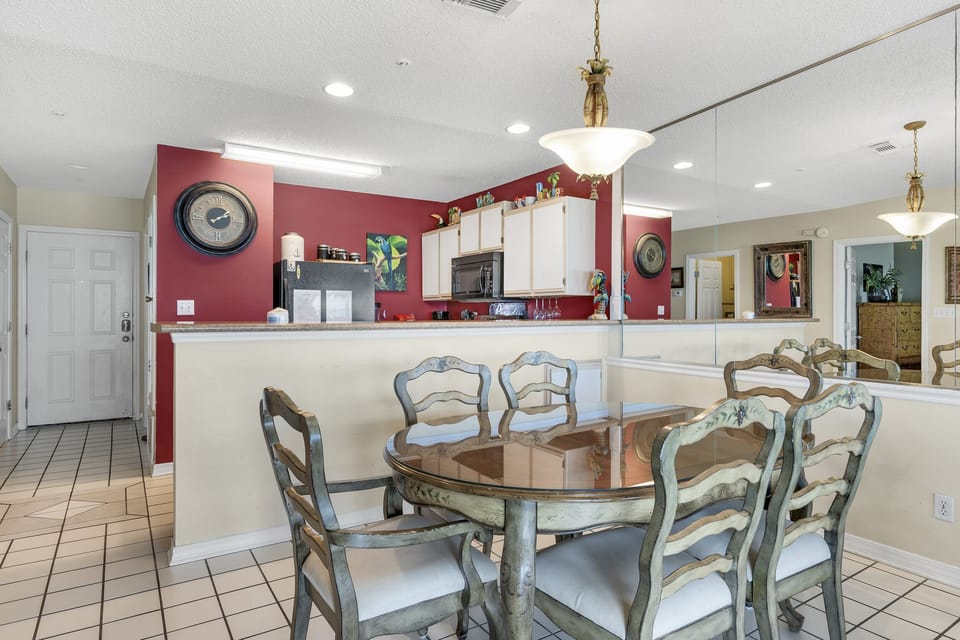 A bright kitchen opens to the dining area for easy meals.