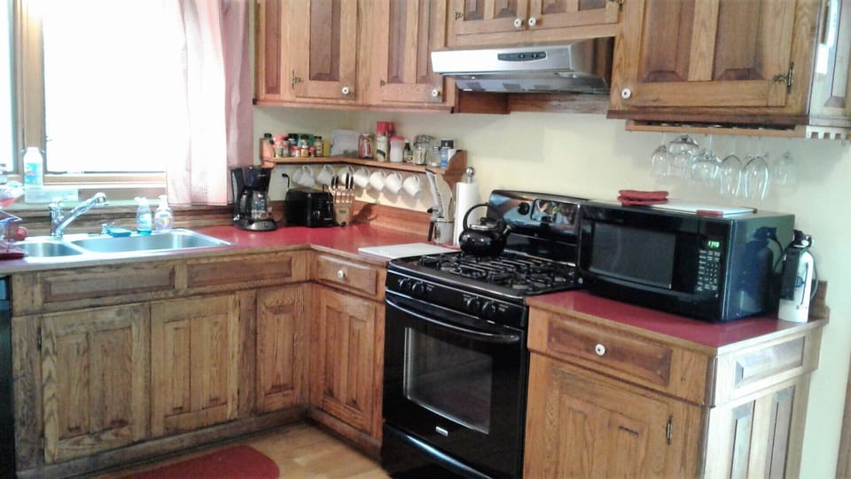 full kitchen, full size appliances, and all the usual counter appliances.