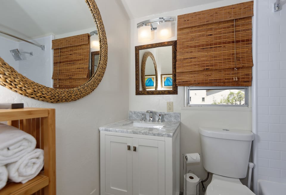 Remodeled bathroom, marble counter top, Marrakesh floor tiles, new tub/shower