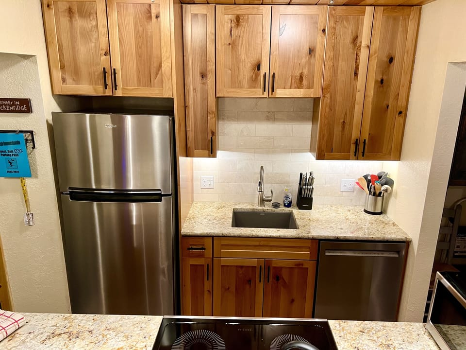 Renovated kitchen in 2023 has stainless steel appliances & an Induction cooktop