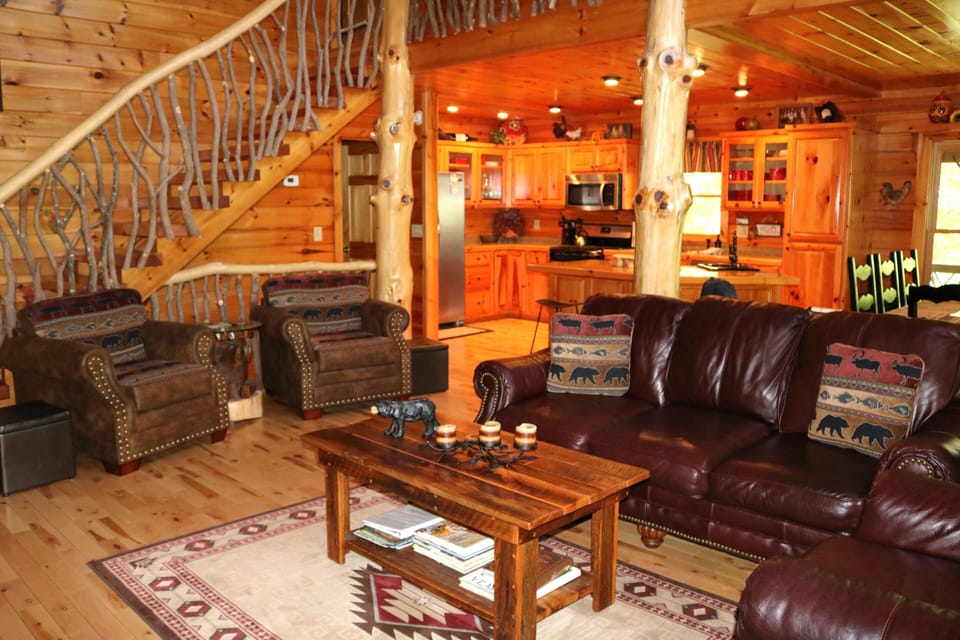 Main floor living area, looking into the kitchen.